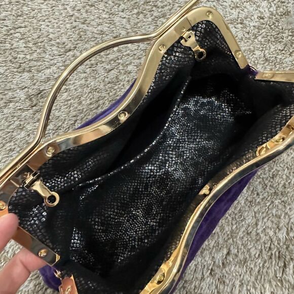 Purple Real Shearling Leather Double Kisslock & Top Handle Clutch with 2 Straps - Picture 15 of 16